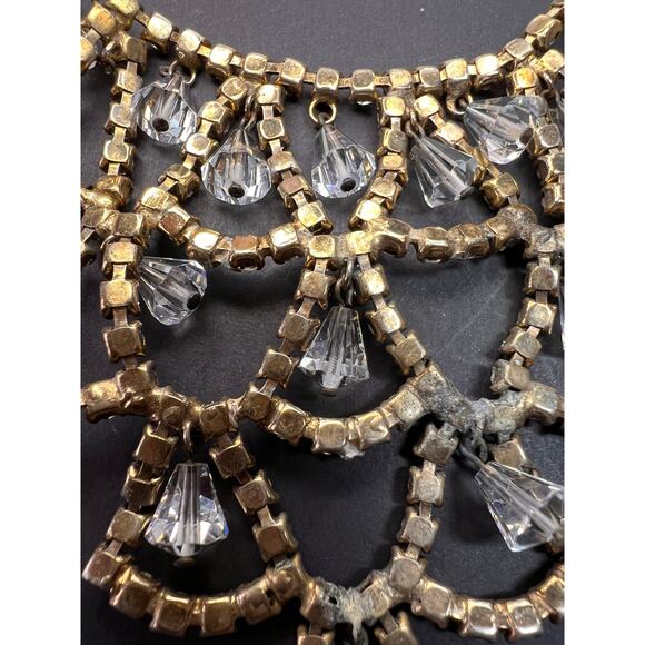 Vintage AB Rhinestone Bib Necklace Clear Glass Dangles Gold Tone - Picture 10 of 12